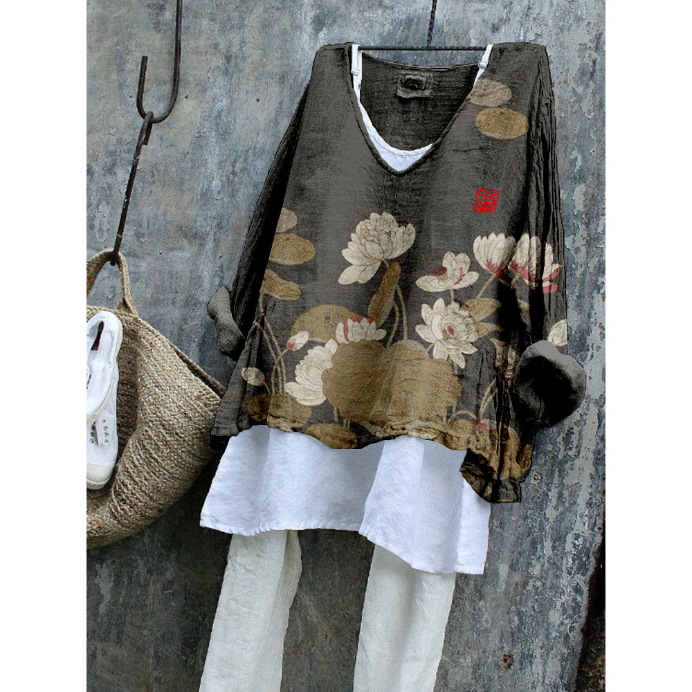 Vintage Lotus Flower Art Linen Blend Flowy Tunic