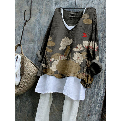 Vintage Lotus Flower Art Linen Blend Flowy Tunic