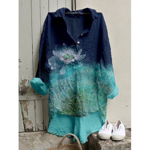 Vintage Lotus Flower Art Linen Blend High Low Tunic