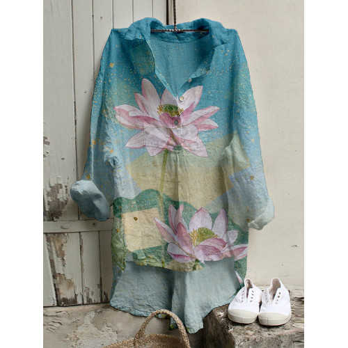 Vintage Lotus Flower Art Linen Blend High Low Tunic
