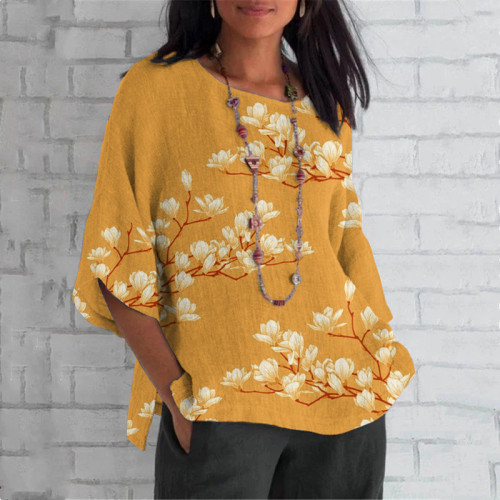 Vintage Magnolia Flower Art Round Neck Casual Blouse
