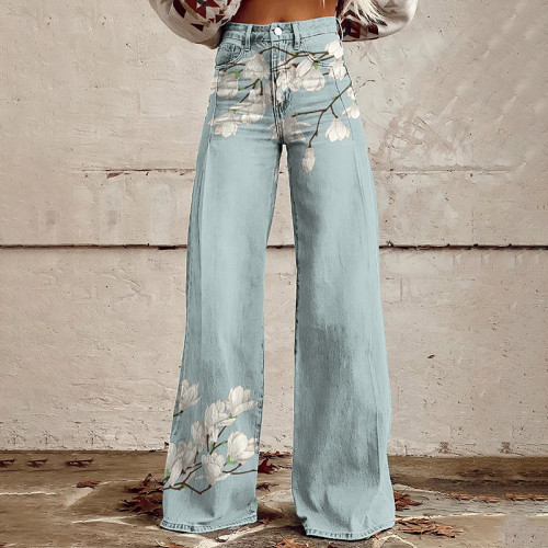 Vintage Magnolia Flower Japanese Art Casual Wide Leg Jeans
