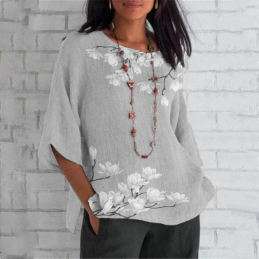 Vintage Magnolia Flower Round Neck Casual Blouse