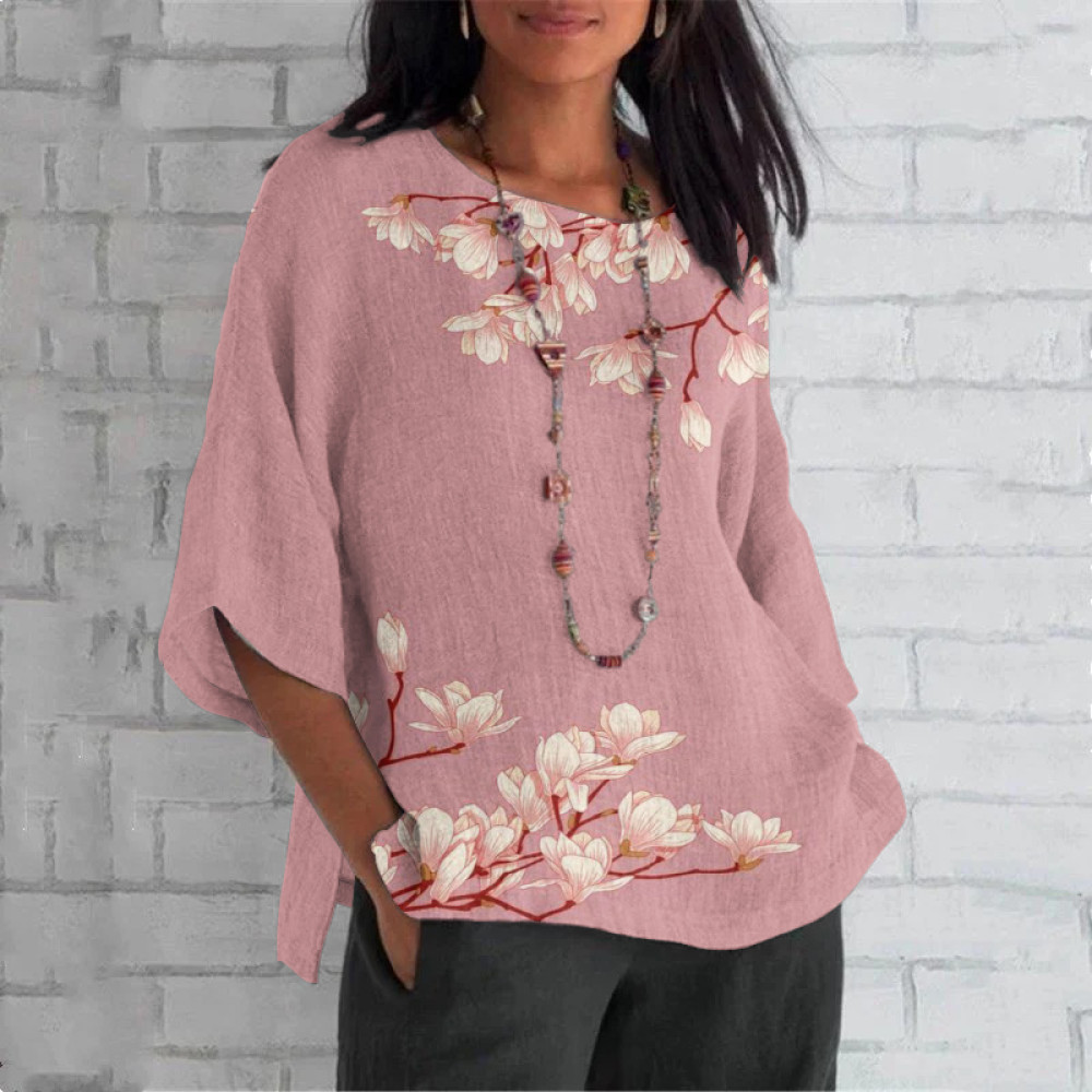 Vintage Magnolia Flower Round Neck Casual Blouse