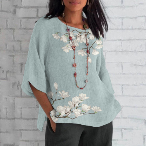 Vintage Magnolia Flower Round Neck Casual Blouse