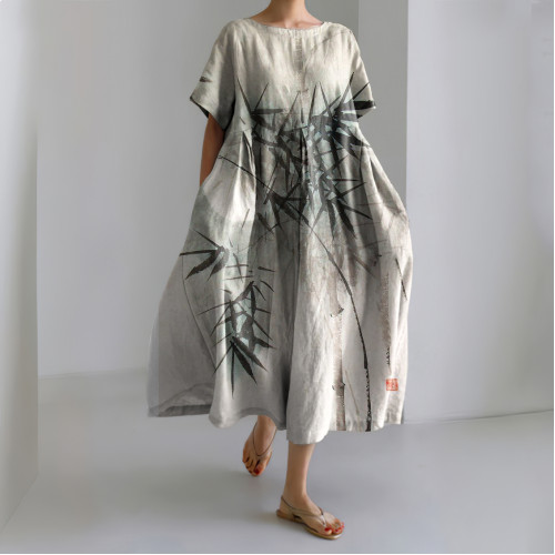 Vintage Moon Night Bamboo Art Linen Blend Cozy Maxi Dress
