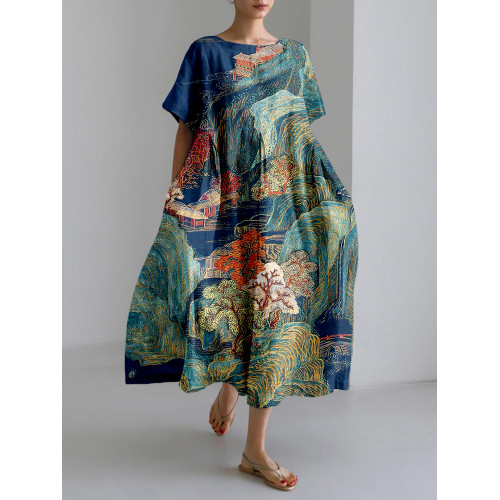Vintage Mountain Landscape Art Linen Blend Maxi Dress