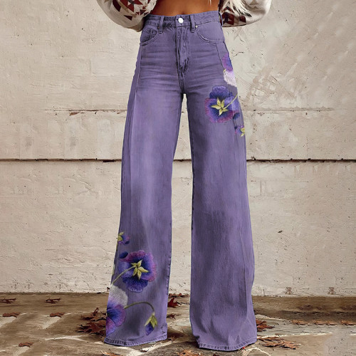 Vintage Pansy Art Casual Wide Leg Jeans