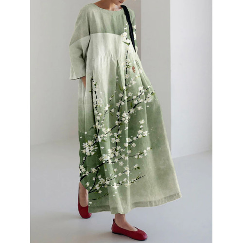 Vintage Pear Flower Art Linen Blend Maxi Dress