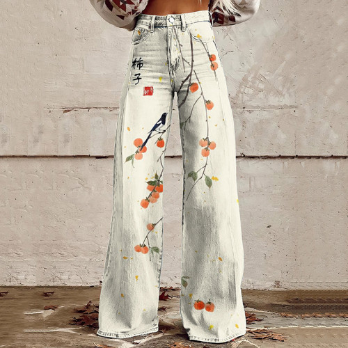 Vintage Persimmon  Japanese Art Casual Wide Leg Jeans