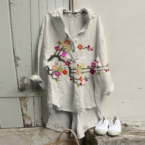Vintage Plum Blossom Cotton Linen Button Casual Shirt