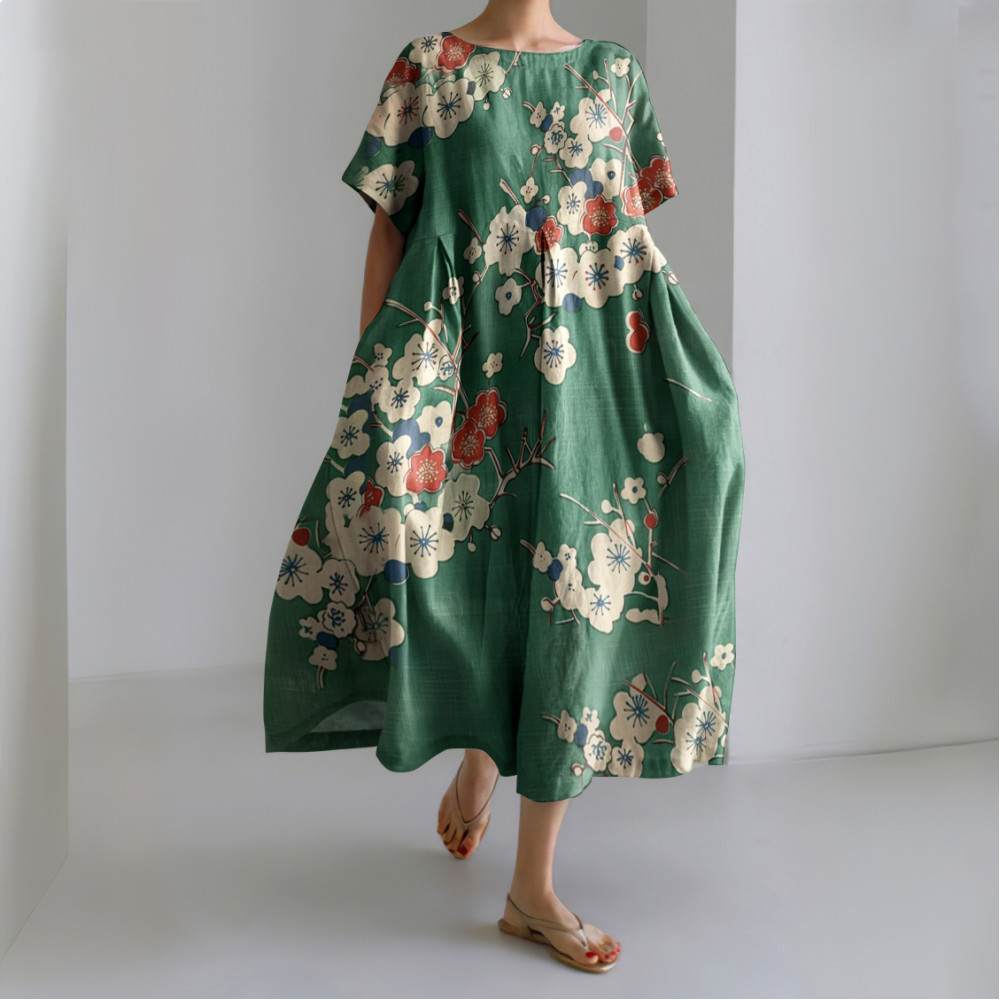 Vintage Plum Blossom Printed Crew Neck Casual Midi Dress