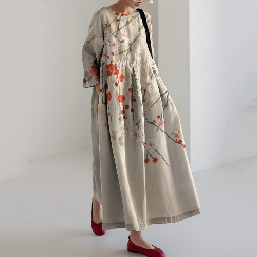 Vintage Plum Blossom Printed Crew Neck Casual Midi Dress