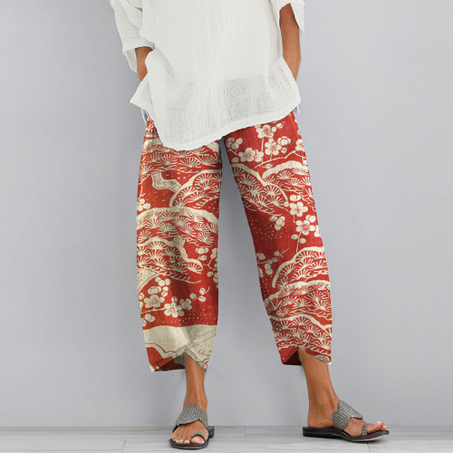Vintage Plum Blossom Printed Pocket Casual Pants