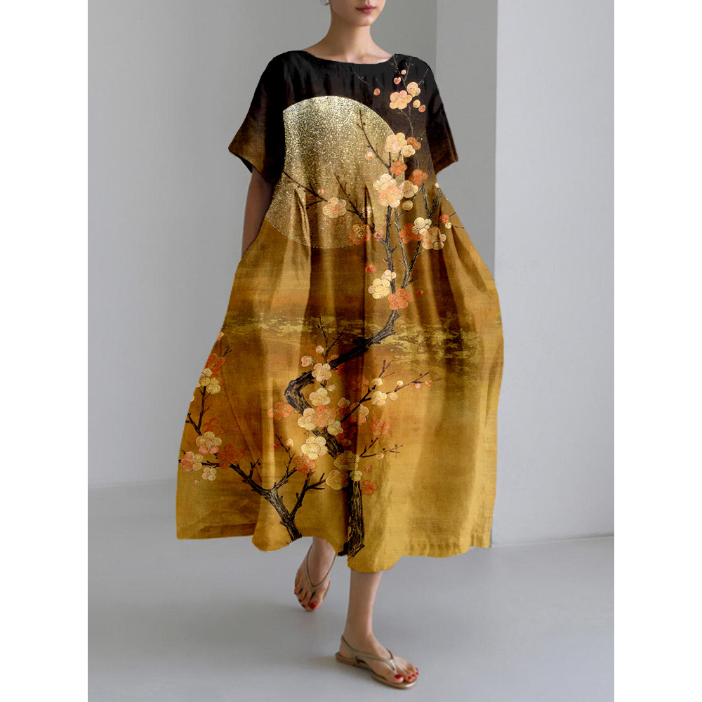 Vintage Plum Blossoms & Moon Art Linen Blend Maxi Dress