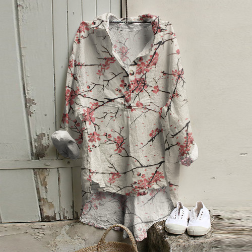 Vintage Plum Print Long Sleeve Casual Shirt