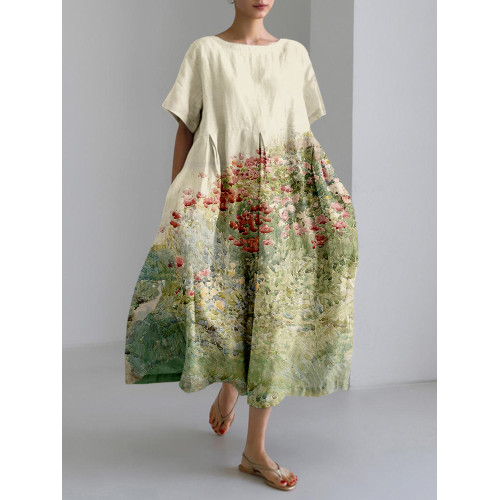 Vintage Poppy Hill Art Pattern Linen Blend Maxi Dress