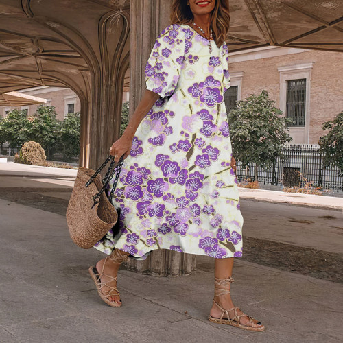 Vintage Purple Floral Japanese Art And Spring Midi Dress