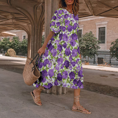 Vintage Purple Rose Floral Japanese Art And Spring Midi Dress