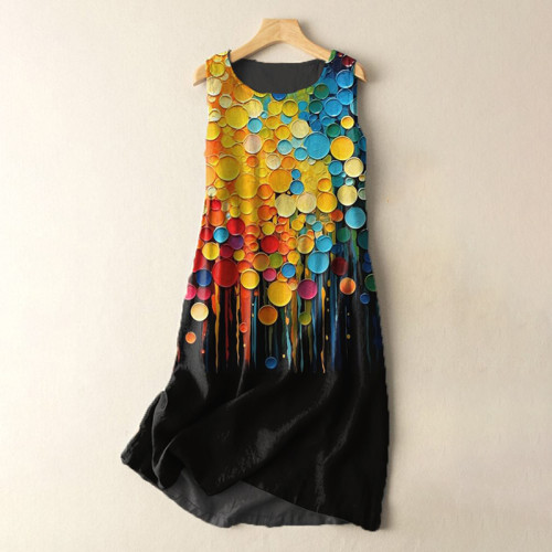 Vintage Rainbow Fluid Spot Painting Print Cotton And Linen Midi Dress