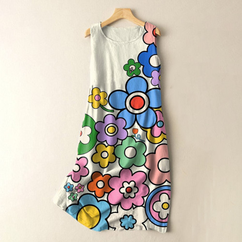 Vintage Retro Boho Cartoon Flower Art Print Sleeveless Cotton And Linen Midi Dress