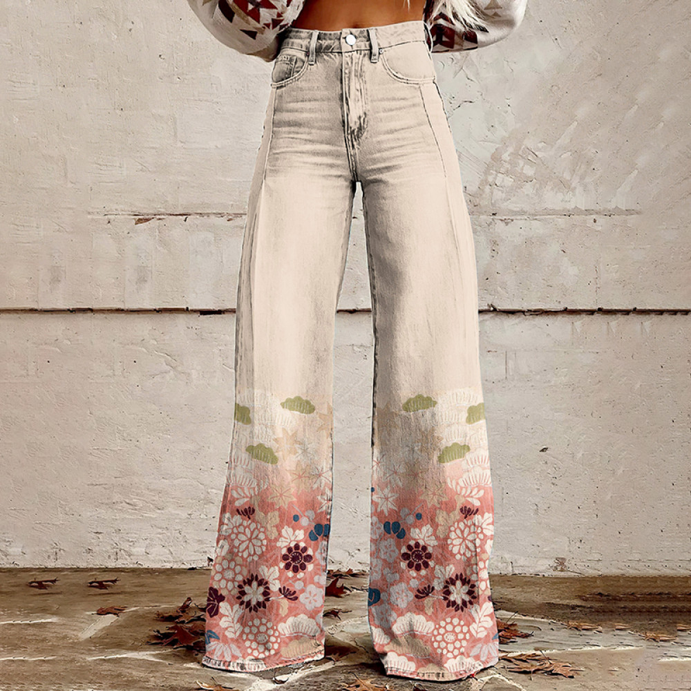 Vintage Sakura Blossom Japanese Art Casual Wide Leg Jeans
