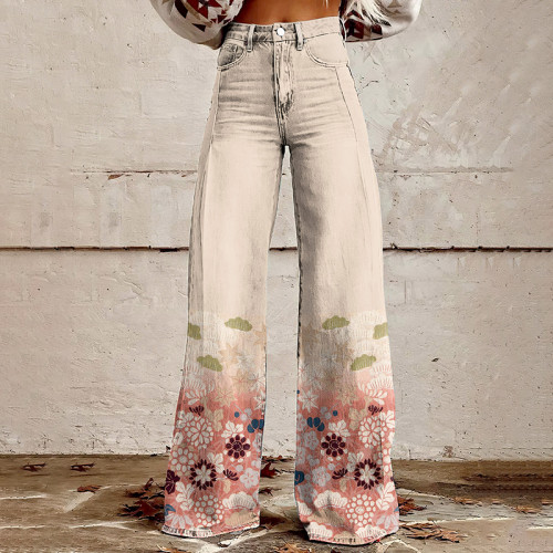 Vintage Sakura Blossom Japanese Art Casual Wide Leg Jeans