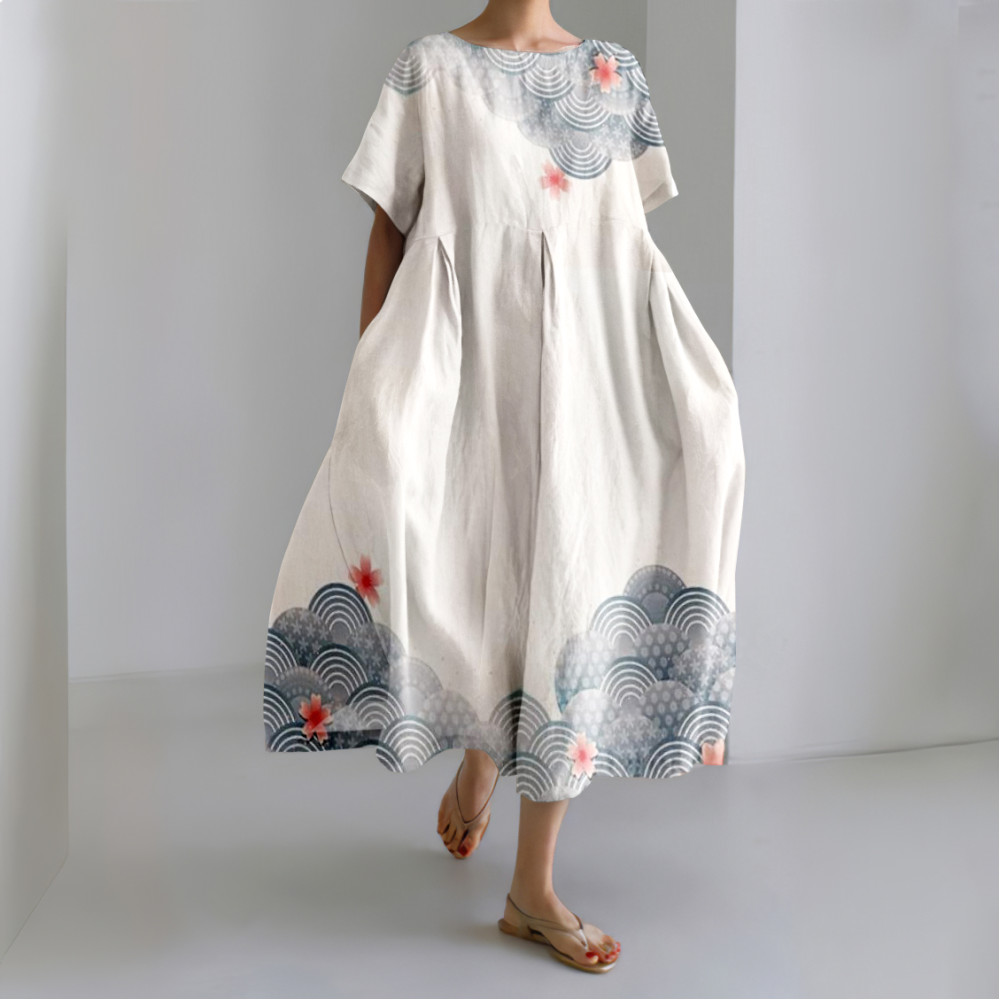 Vintage Sakura In The Waves Art Linen Blend Maxi Dress