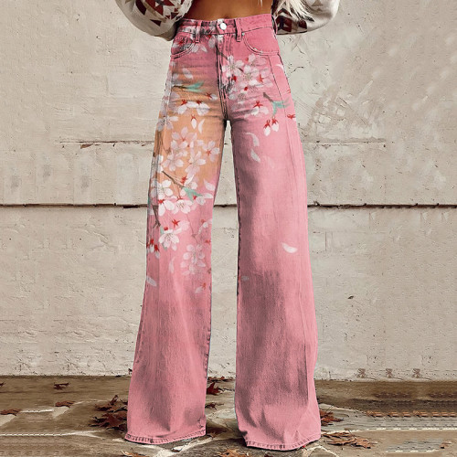 Vintage Sakura  Japanese Art Casual Wide Leg Jeans