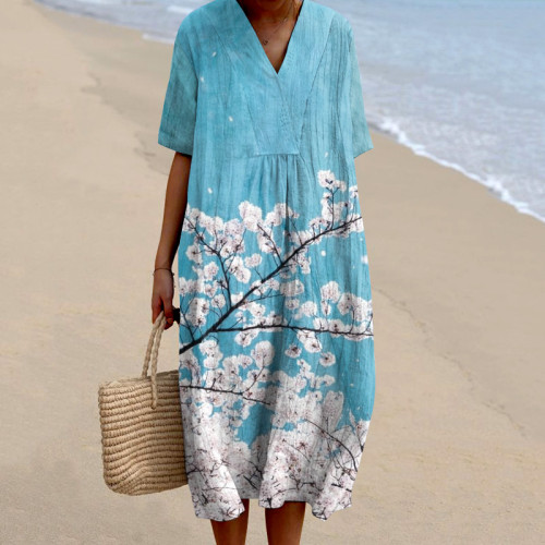 Vintage Sakura Japanese Art V-Neck Midi Dress