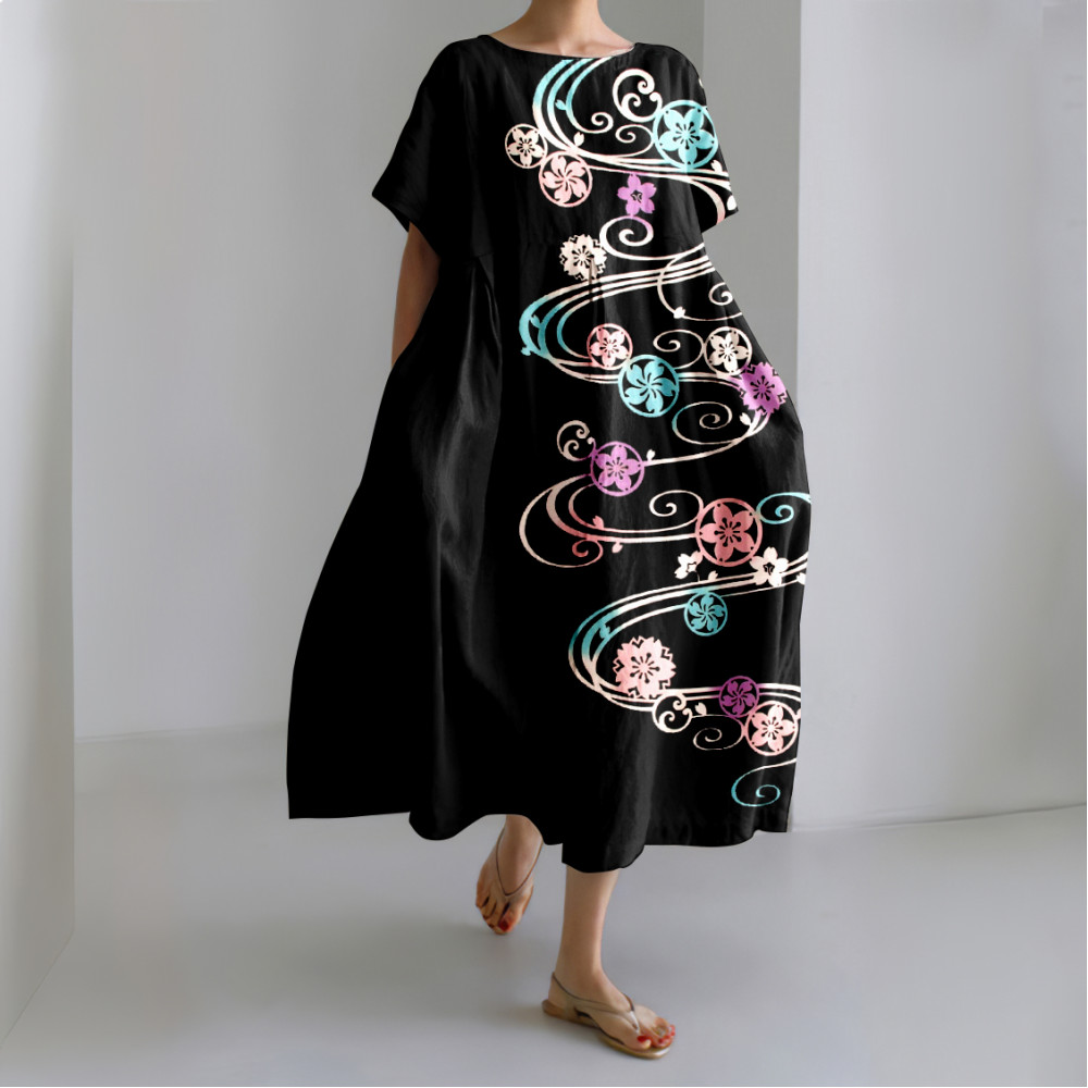 Vintage Sakura Water Flow Art Linen Blend Maxi Dress