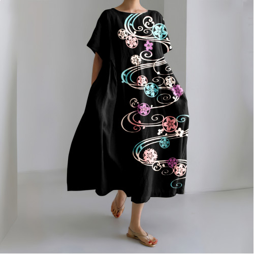 Vintage Sakura Water Flow Art Linen Blend Maxi Dress
