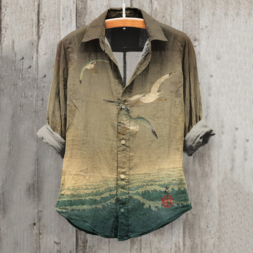 Vintage Seagull Print Cotton And Linen Shirt