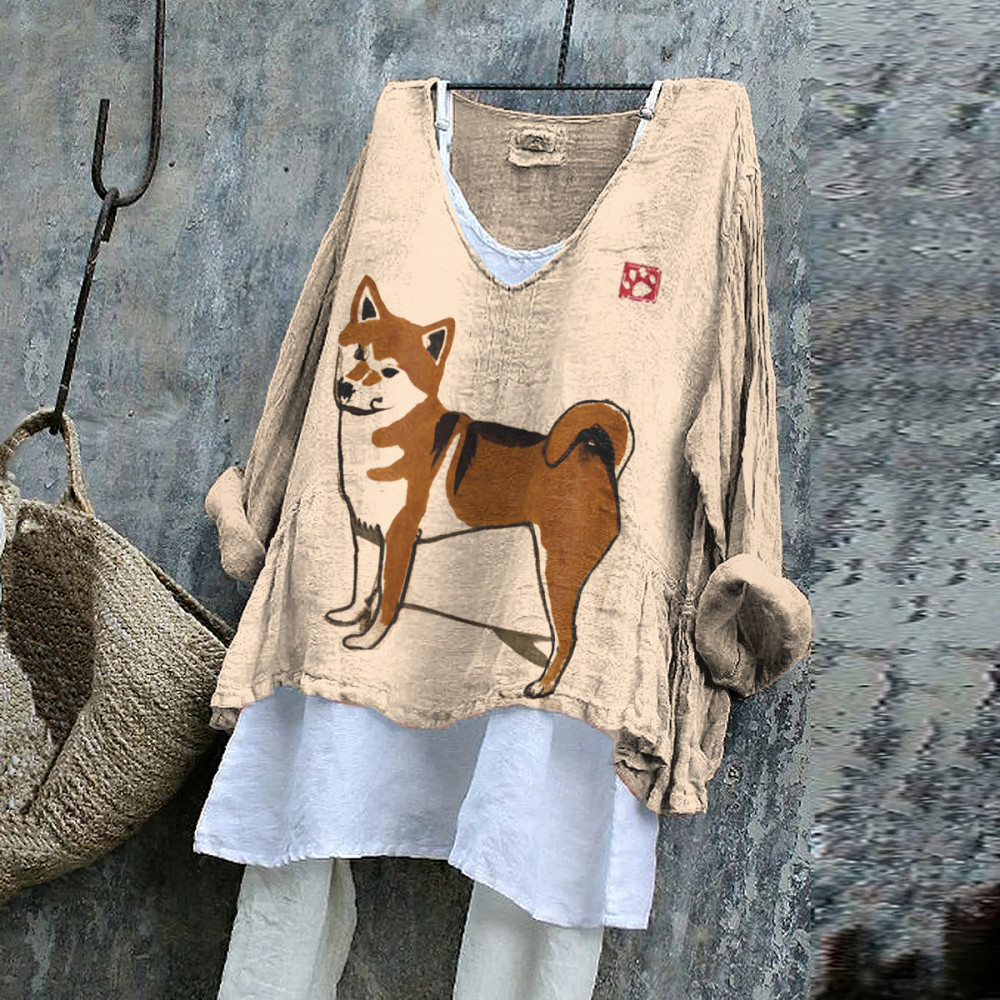 Vintage Shiba inu dog Japanese Art Print V-Neck Shirt