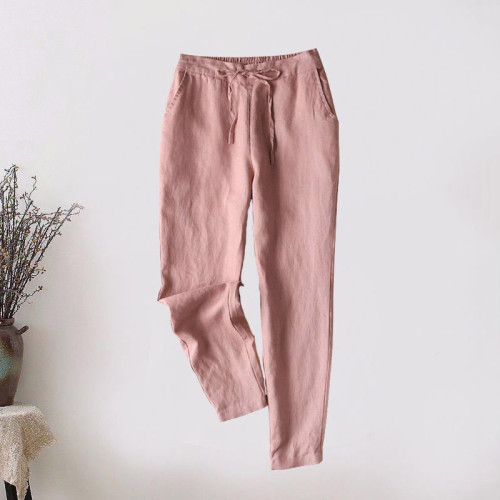 Vintage Solid Cotton Linen Pocket Casual Pants