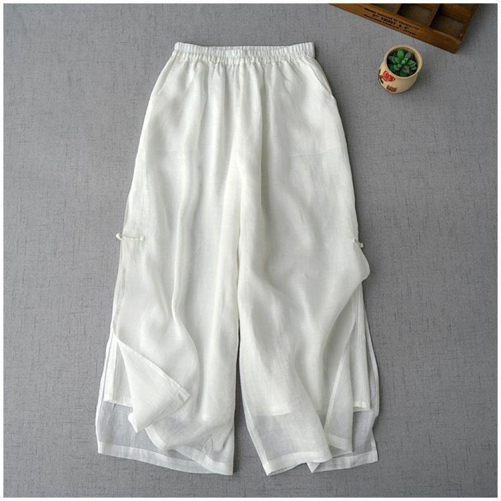 Vintage Solid Cotton Linen Slit Frog Cozy Pants