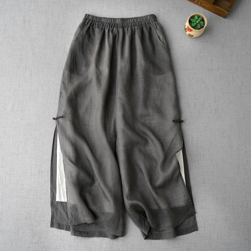 Vintage Solid Cotton Linen Slit Frog Cozy Pants