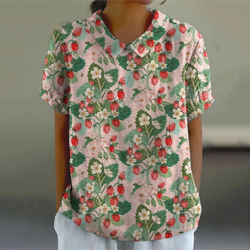 Vintage Strawberry Print Lapel Short Sleeve Blouse