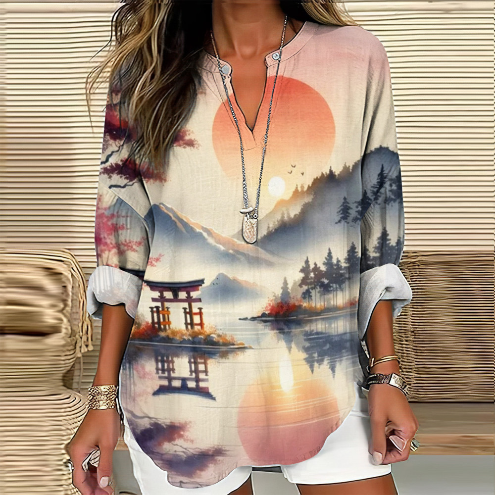 Vintage Sunrise Over Misty Mountains Japanese Art Linen Blend Tunic