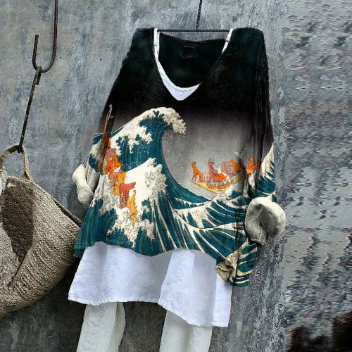 Vintage The Great Wave And Isle Of Dogs Japanese Art Blossom Print V-Neck Shirt