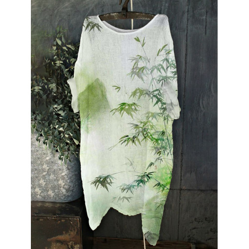 Watercolor Bamboo Leaf Printed Linen Loose Flowing Long Shirt