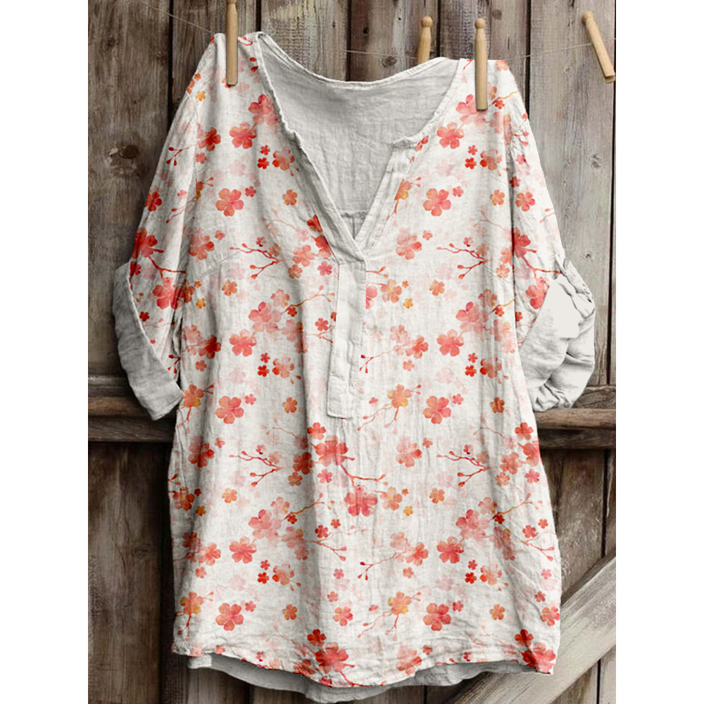 Watercolor Cherry Blossom Art Linen Blend Cozy Tunic
