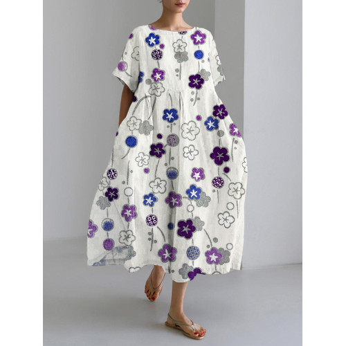 Watercolor Green Leaves Pattern Linen Blend Maxi Dress