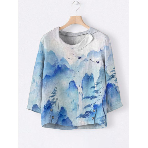 Watercolor Landscape & Crane Print Linen Lapel Shirt