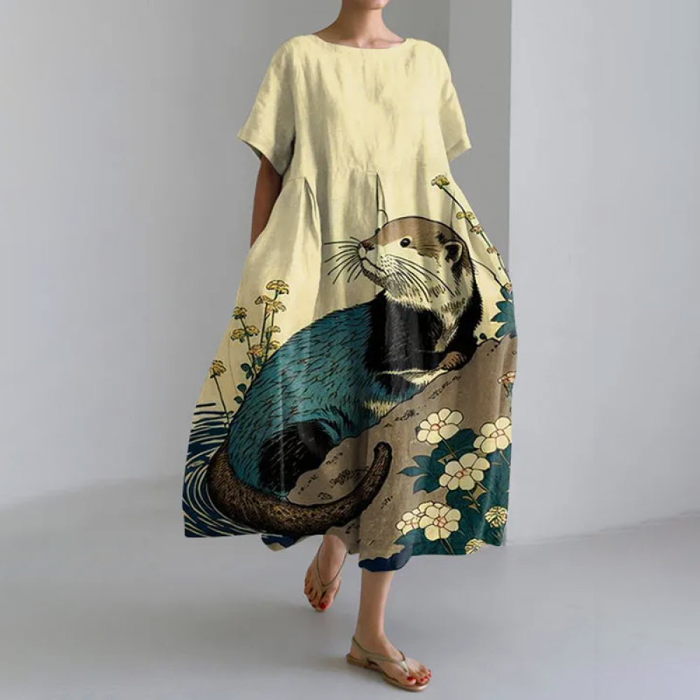 Wave Floral Japanese Art Loose Short Sleeved Midi Dress