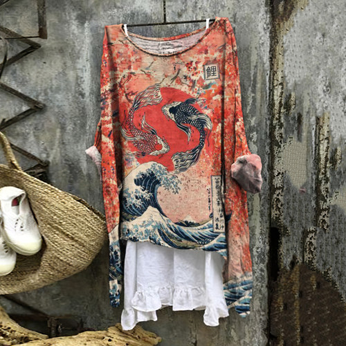 Wavy Fish Print Women'S Top