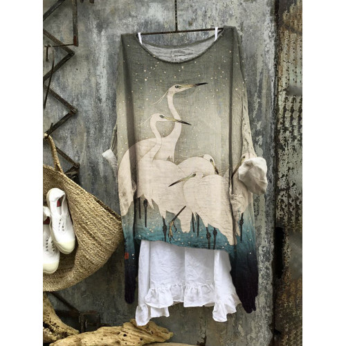 Wild Crane Animal Gradient Print Linen Blend Flowy Tunic
