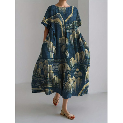 Willow Trees Mountains Landscape Japanese Art Linen Blend Maxi Dress