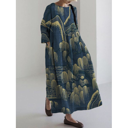 Willow Trees Mountains Landscape Japanese Art Linen Blend Maxi Dress