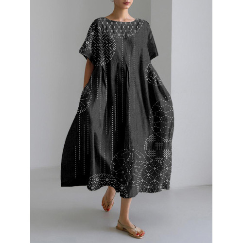 Windchimes Japanese Sashiko Art Linen Blend Maxi Dress